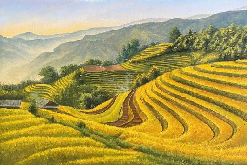 Tranh phong cảnh núi rừng Tây Bắc với những thửa ruộng bậc thang vàng óng trải dài