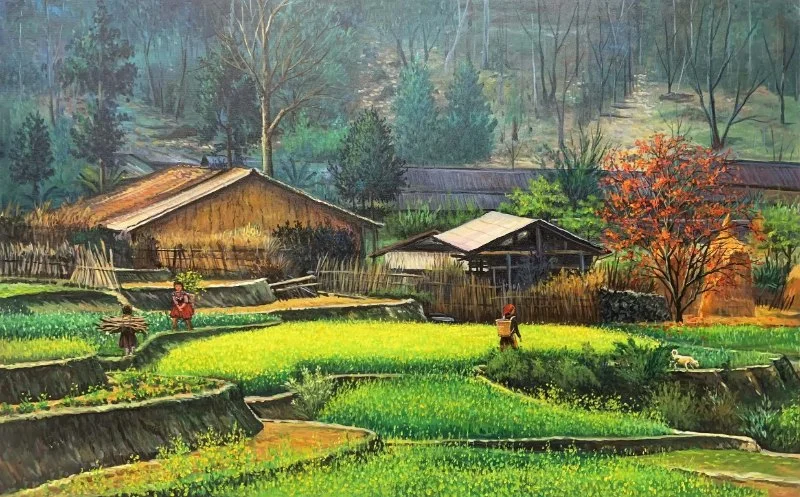 Tranh phong cảnh bản làng vùng cao Tây Bắc với ruộng bậc thang và nếp nhà truyền thống