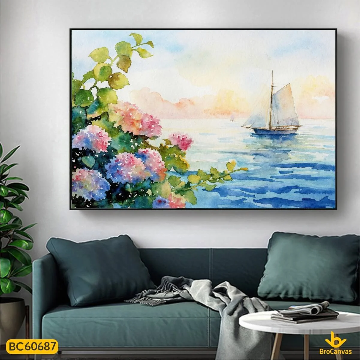 Tranh vẽ phong cảnh biển và hoa cẩm tú cầu treo phòng khách đẹp mắt