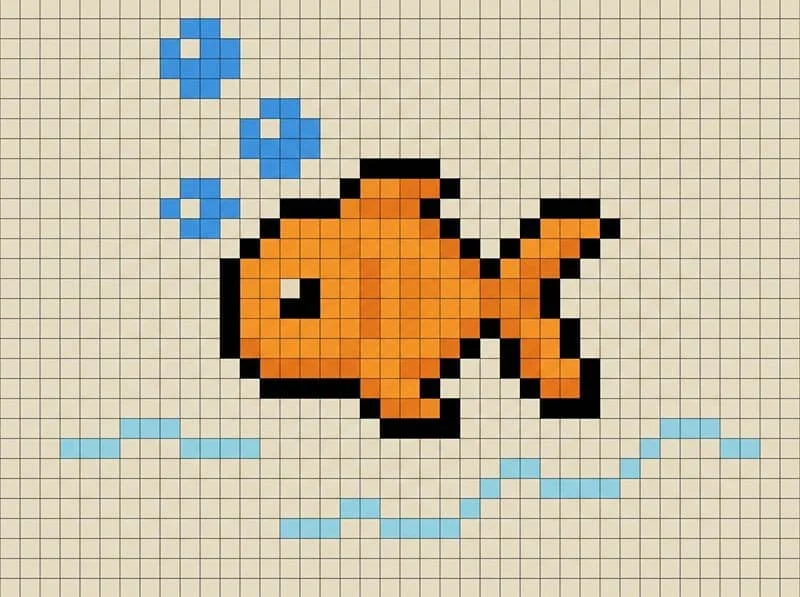 Mẫu cá vàng pixel art cute, tranh nhỏ theo ô vuông với bong bóng xanh đáng yêu.