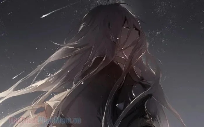 Cô gái tóc dài mắt nhắm, hình buồn tâm trạng anime