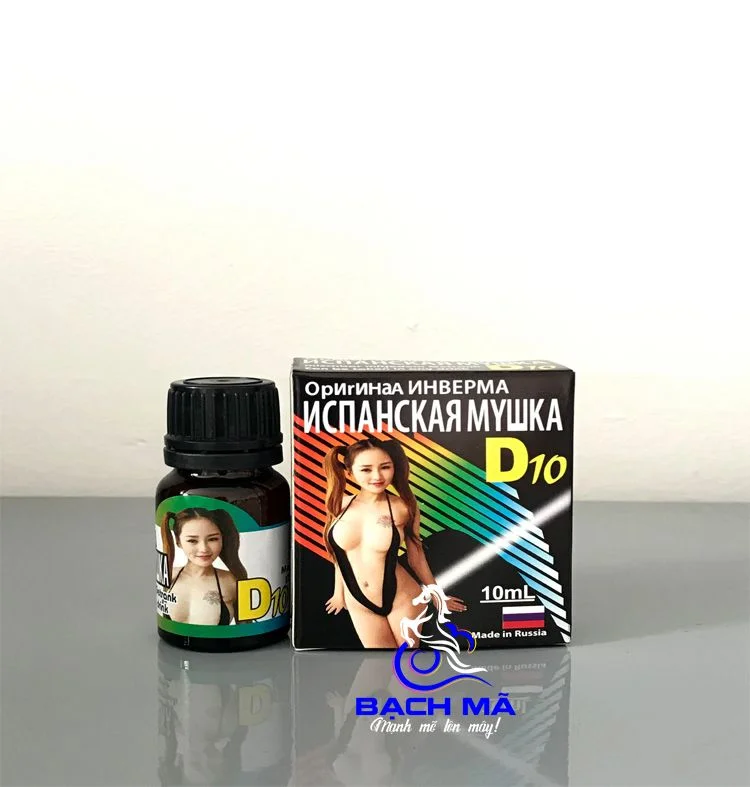 Hình ảnh sản phẩm thuốc kích dục Spanish Fly D10 kèm theo chai thuốc và vỏ hộp