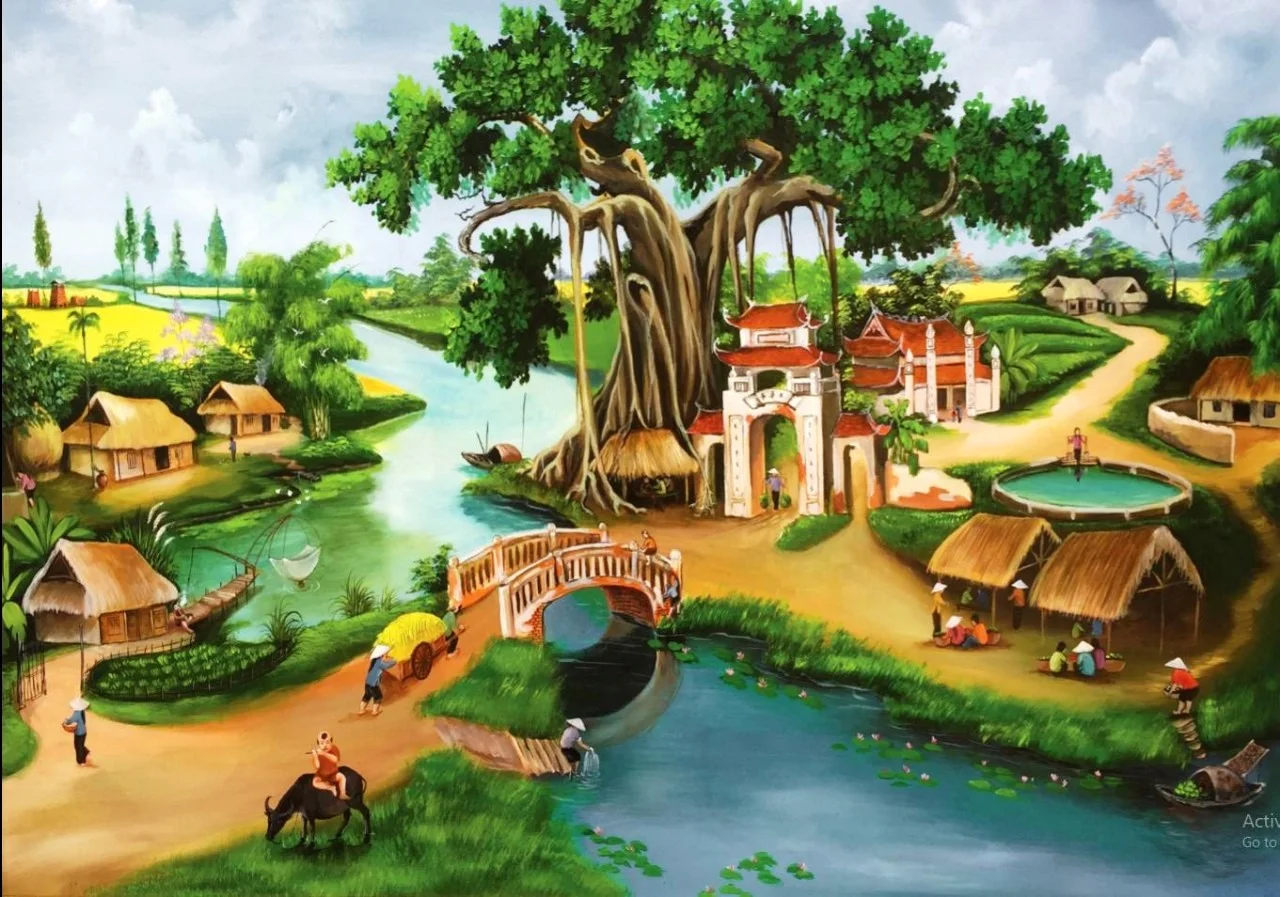 Tranh sơn dầu cây đa làng quê Bắc Bộ với ngôi đình cổ, cầu dê và dòng suối xanh mát