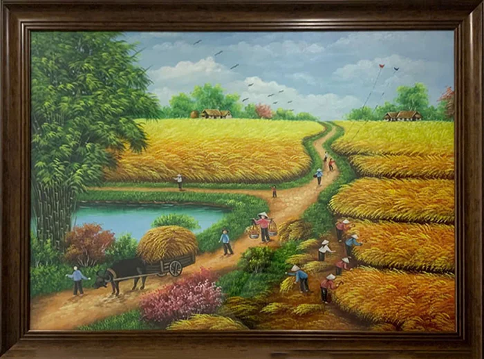 Tranh sơn dầu phong cảnh làng quê Việt Nam mùa gặt lúa chín với cánh đồng vàng, trâu kéo xe và nông dân