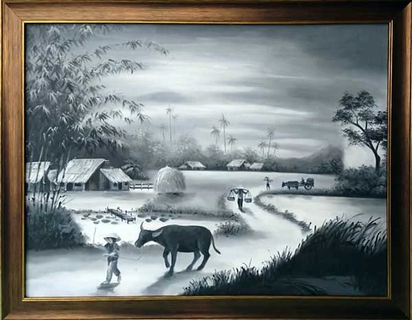 Tranh sơn dầu đơn sắc nông thôn với chú trâu, em nhỏ và đống rơm trước giờ đồng acción
