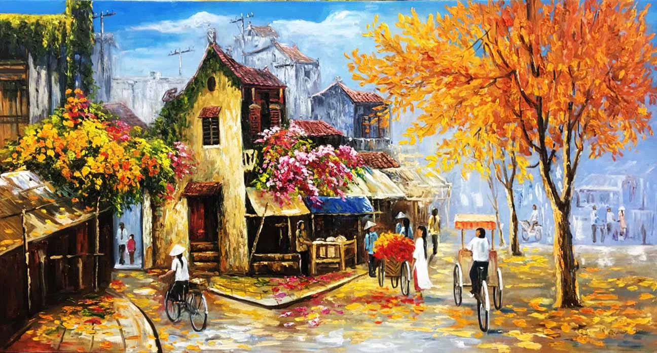 Tranh sơn dầu phố cổ Hà Nội mùa thu với nhà cổ, gánh hàng rong và tán cây vàng rực