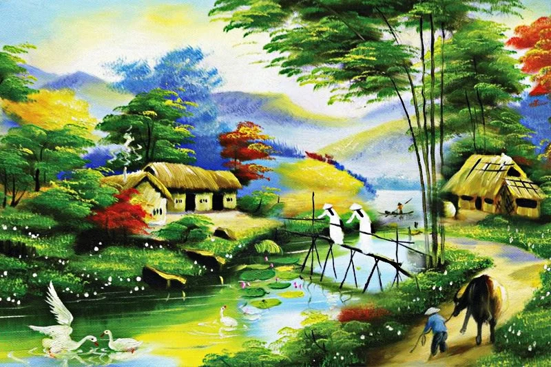 Tranh sơn dầu phong cảnh làng quê Việt Nam với cây cầu tre, ao làng và chàng trai dắt trâu qua đồng