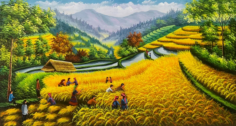 tranh sơn dầu cảnh nông dân thu hoạch lúa trên ruộng bậc thang vùng núi