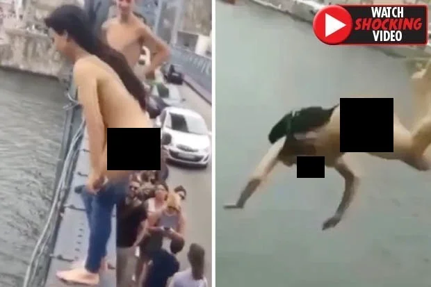 Video: Cô gái cởi quần áo, liều mạng nhảy chúi từ cầu cao 45m xuống nước