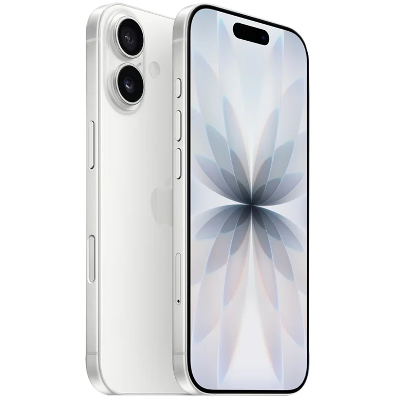 Hình ảnh iPhone 17 màu trắng bạc với camera kép và màn hình hiển thị hình nền cánh hoa trên nền trắng
