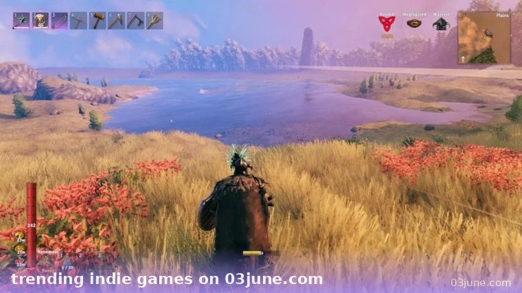 Game indie thế giới mở pixel nhân vật cưỡi ngựa qua cánh đồng hoa