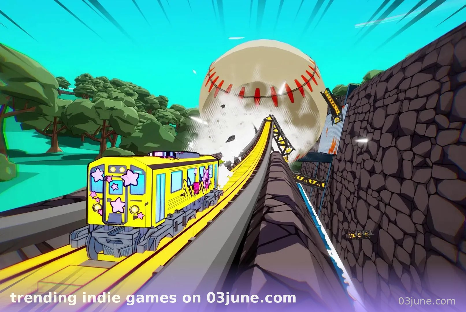 trending indie games trên 03june.com - hình ảnh tàu điện màu vàng chạy trên đường ray với quả bóng chày khổng lồ phong cách game arcade 3D