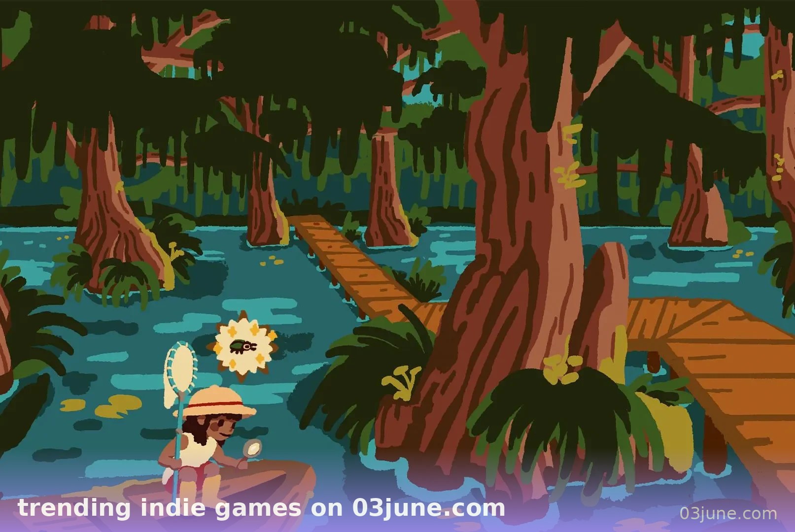 trending indie games on 03june.com - hình minh họa nhân vật game indie khám phá đầm lầy phong cách retro