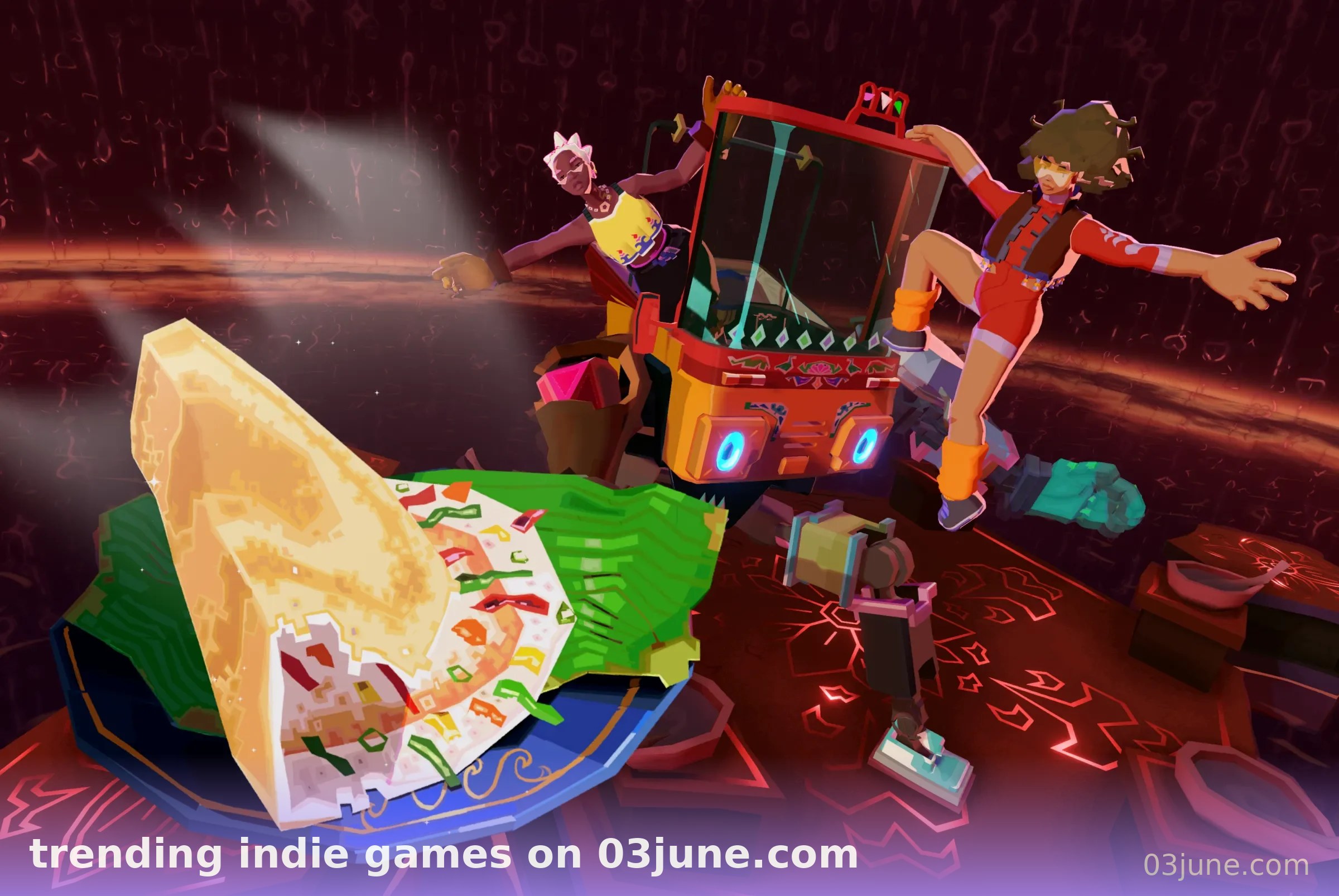 trending indie games on 03june.com - cảnh game low-poly hai nhân vật nhảy quanh taco khổng lồ và máy slot neon