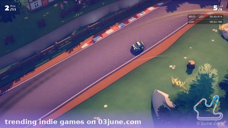 Game indie đua xe low-poly góc nhìn trên cao lúc hoàng hôn