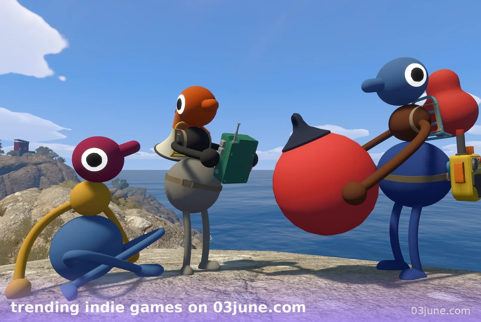 Ba nhân vật hoạt hình 3D một mắt đứng trên vách đá ven biển, minh họa trending indie games on 03june.com