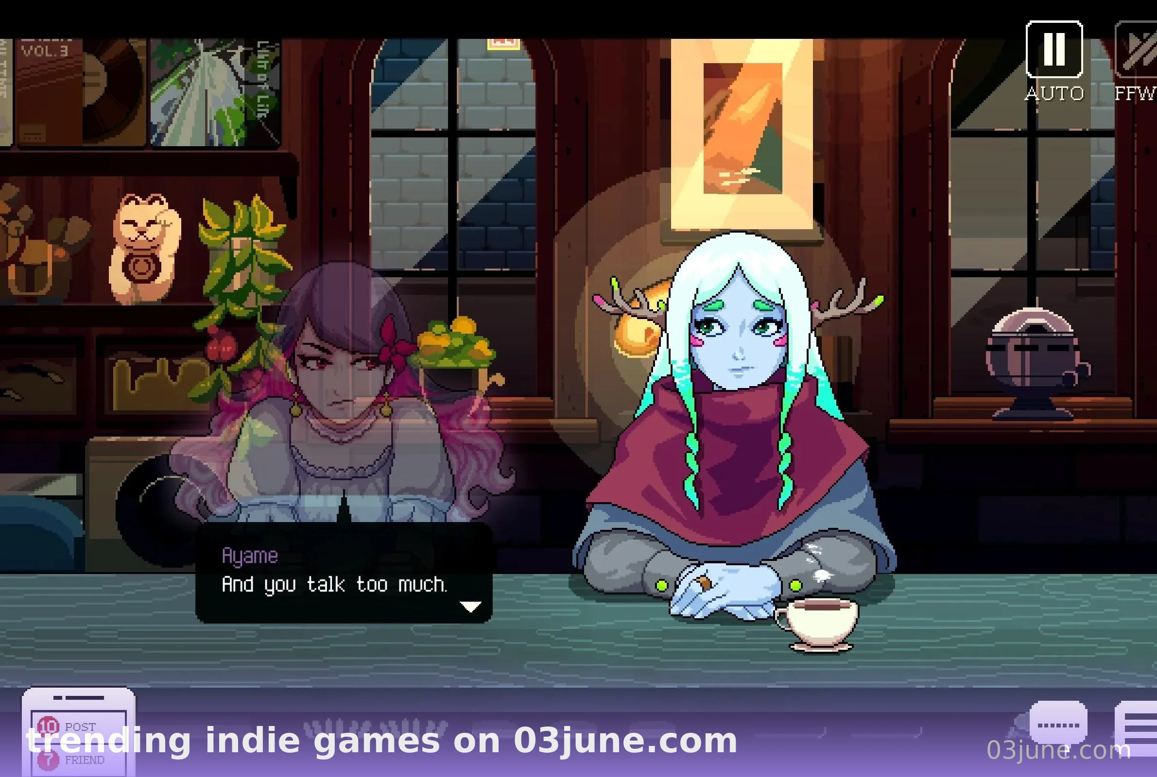 Game indie visual novel anime hai nhân vật ngồi trong quán ấm cúng