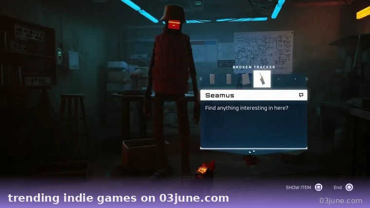 Cảnh trong game sci-fi kinh dị với nhân vật đứng trước máy tính