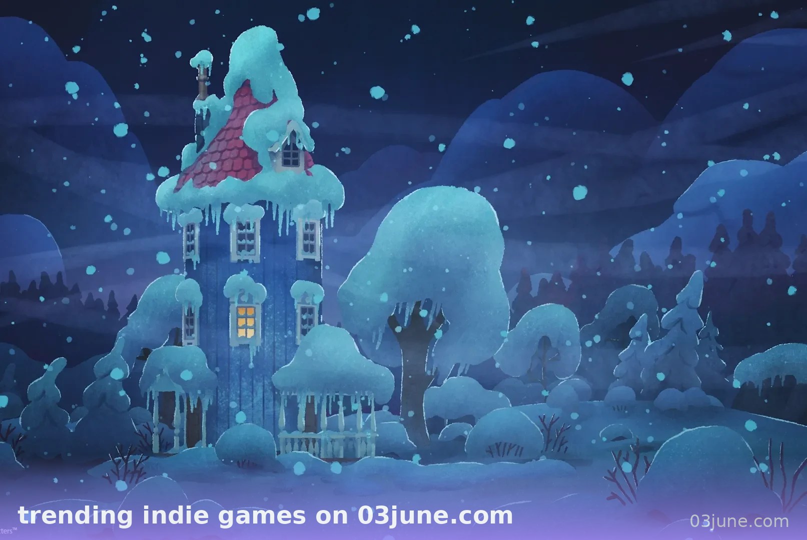 trending indie games on 03june.com - ngôi nhà cổ tích phủ tuyết trong đêm đông phong cách vẽ tay game indie