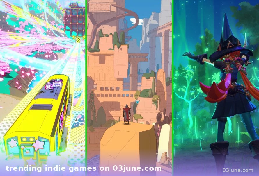 trending indie games on 03june.com - hình ghép ba tựa game indie phong cách thành phố neon, sa mạc và phù thủy