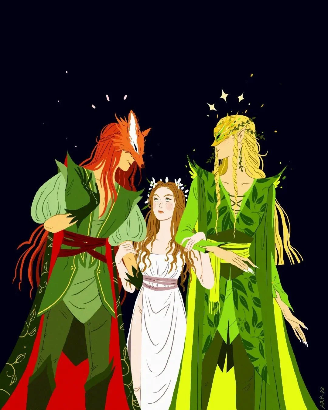 Hình nền fantasy minh họa ba cô gái elf trong trang phục rực rỡ