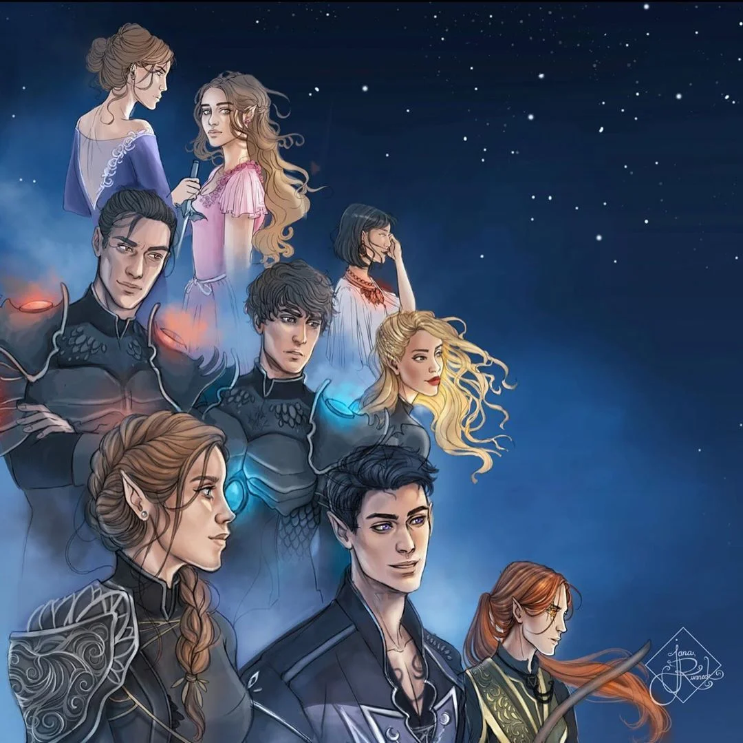 Hình nền fantasy minh họa nhóm nhân vật dưới bầu trời đầy sao