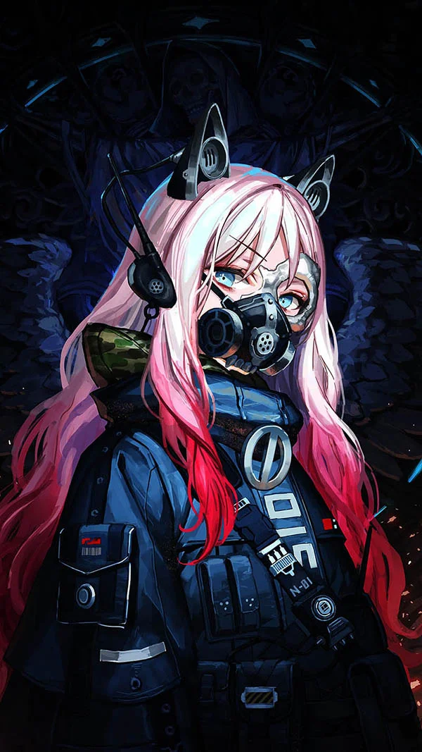 Hình anime ngầu nữ với mái tóc hồng ấn tượng.