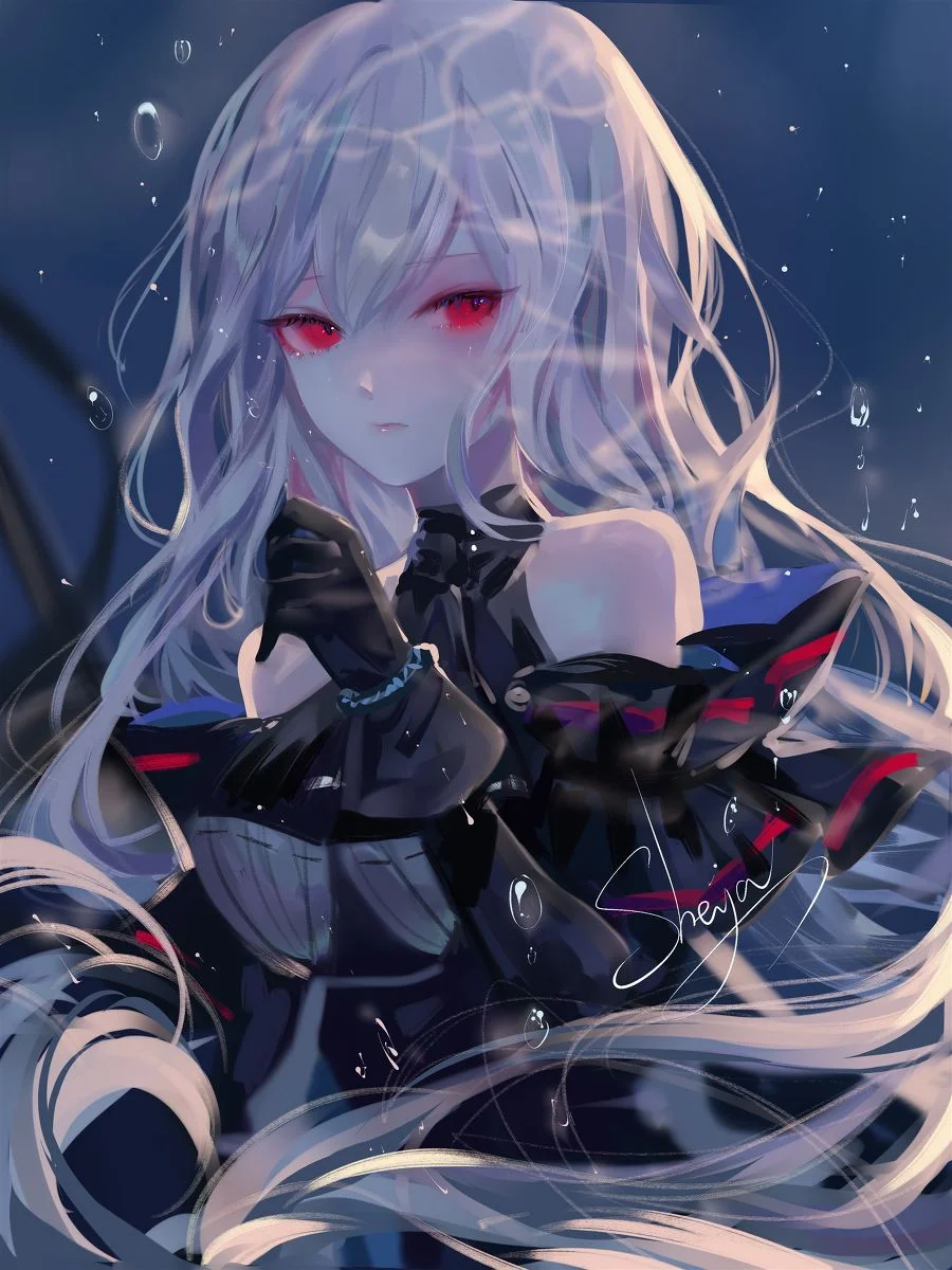 Hình ảnh anime nữ mắt đỏ lạnh lùng vô cảm trước vạn vật.