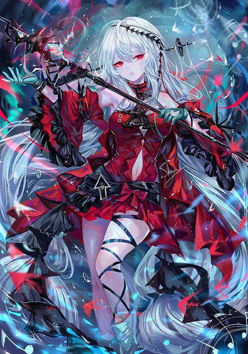 Hình ảnh nhân vật anime nữ ngầu lỏi trong trang phục đỏ đen đầy bí ẩn.