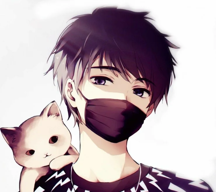 Ảnh đại diện fb anime chàng trai đeo khẩu trang đen ôm mèo dễ thương