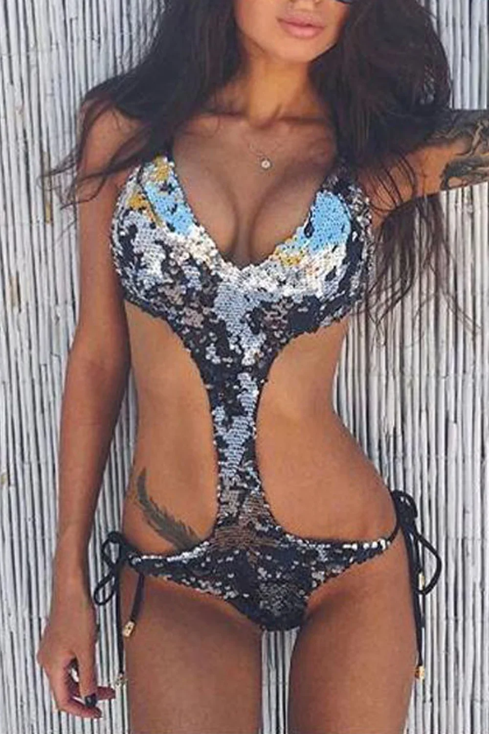 Iyasson Sex Dazzling Sequins Side Hollow Design Halter One-piece Swims