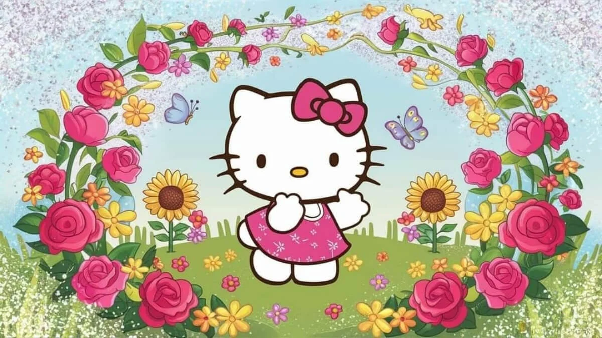 Hello Kitty cute đứng giữa vườn hoa rực rỡ
