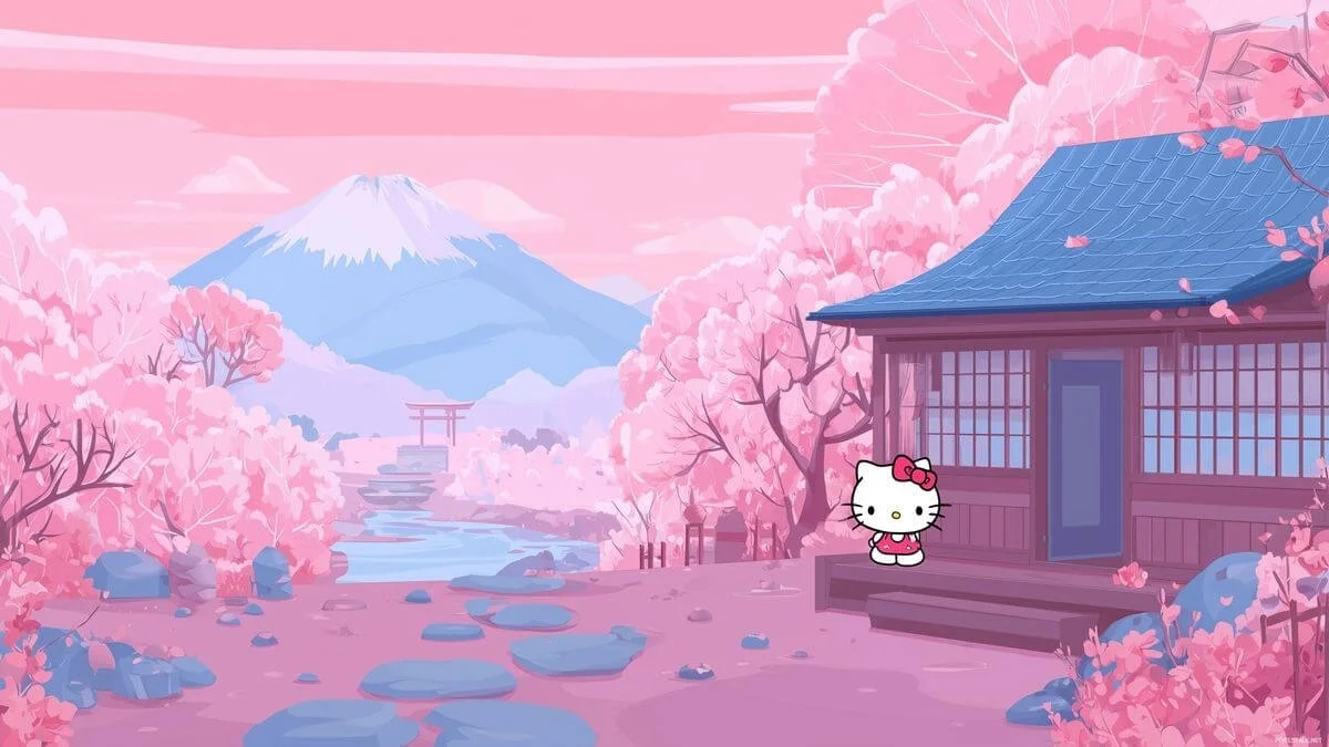 Hình ảnh Hello Kitty cute giữa phong cảnh Nhật Bản