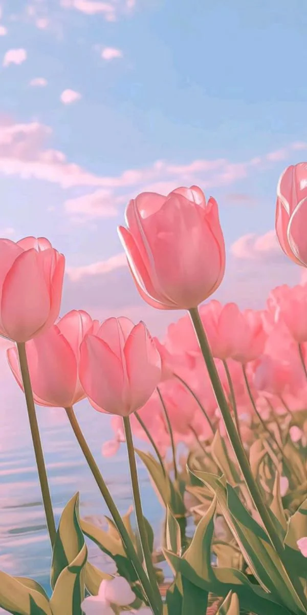 Cánh đồng hoa tulip hồng dưới bầu trời hoàng hôn làm hình nền