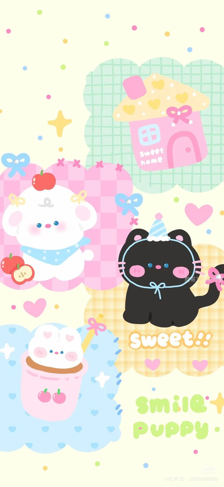 Hình nền cute cho điện thoại kawaii pastel với mèo đen, cừu trắng và bánh cupcake trên nền xanh hồng