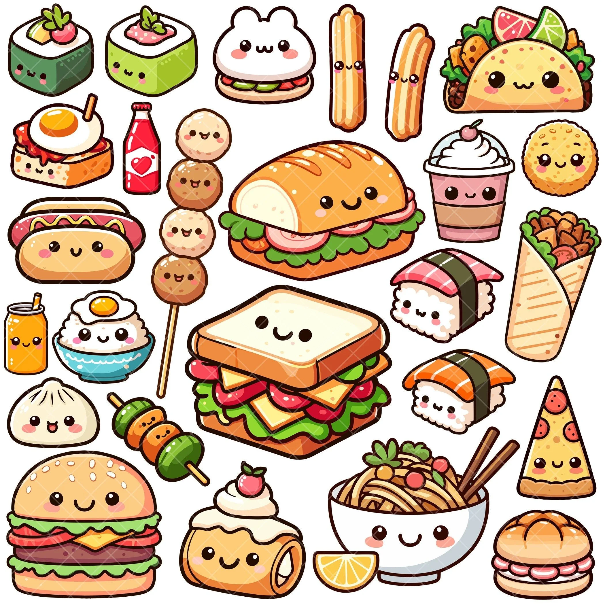 Hình ảnh cute bộ sưu tập đồ ăn chibi nhiều màu sắc gồm hamburger, sushi, taco, bánh ngọt, mì và đồ uống trên nền trắng