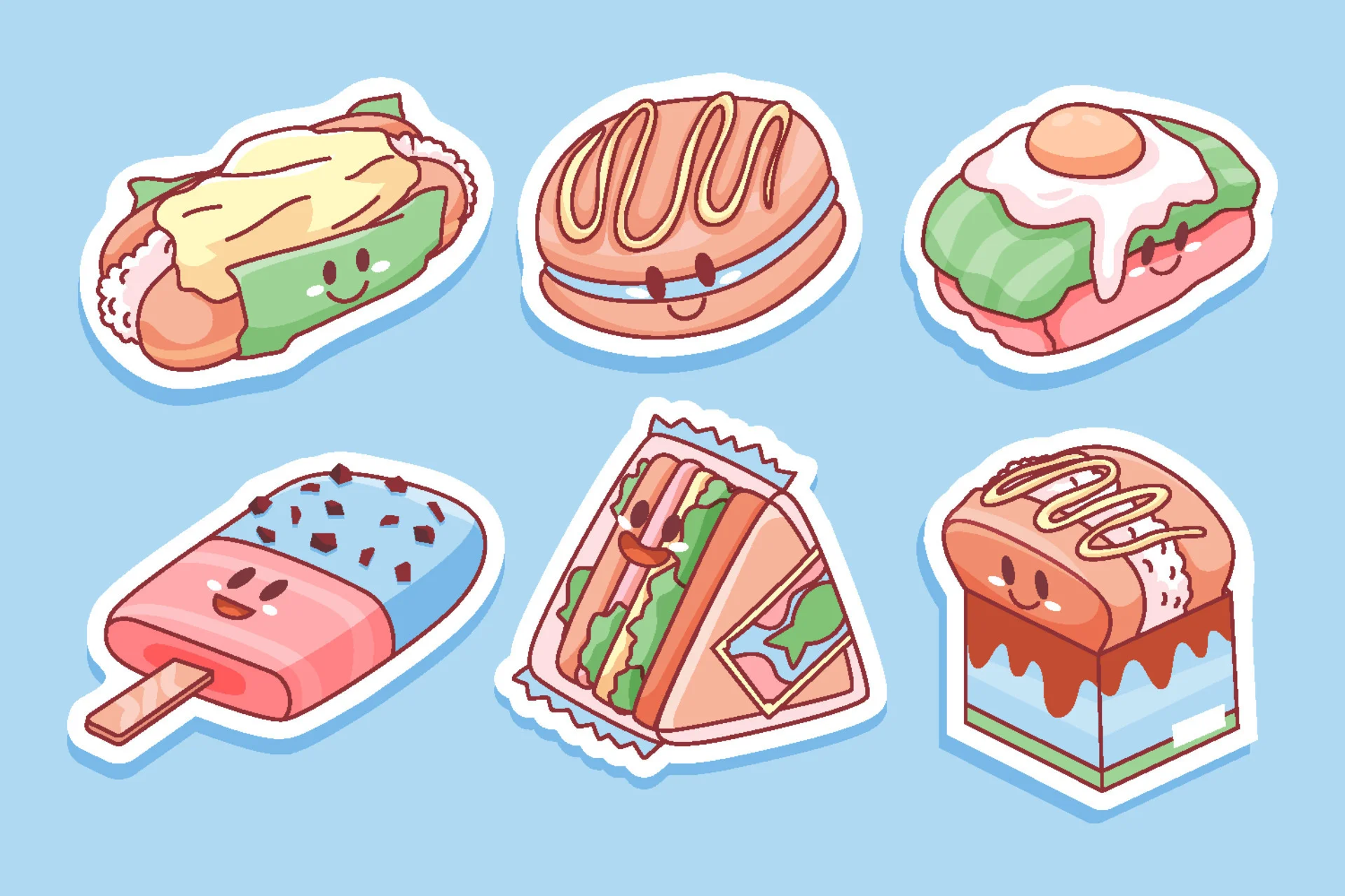 Sticker bánh ngọt cute gồm bánh kem, bánh cuộn, bánh mì kẹp và sandwich