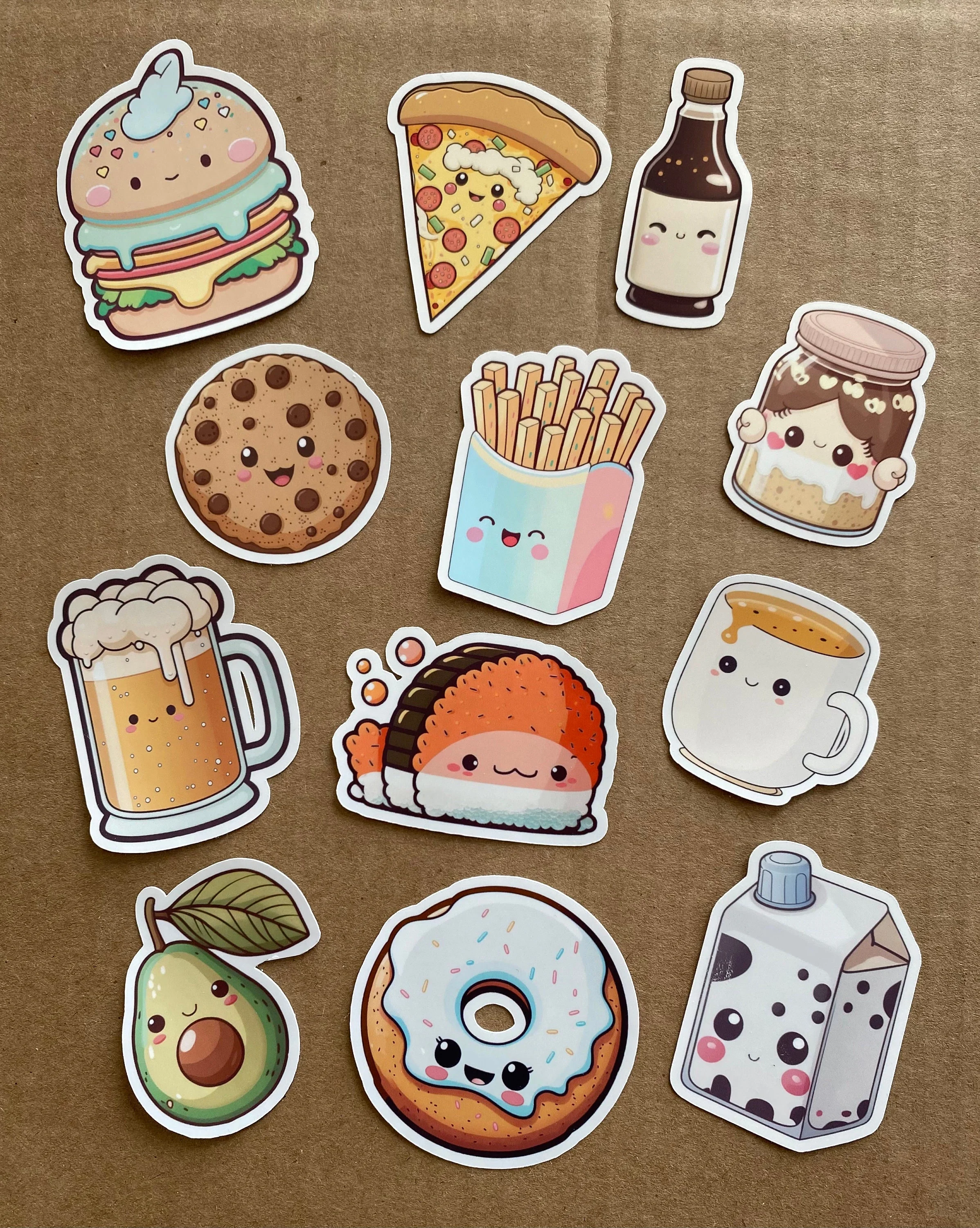 Bộ sticker đồ ăn cute gồm pizza, bánh quy, khoai tây chiên, cà phê, sushi và bánh donut