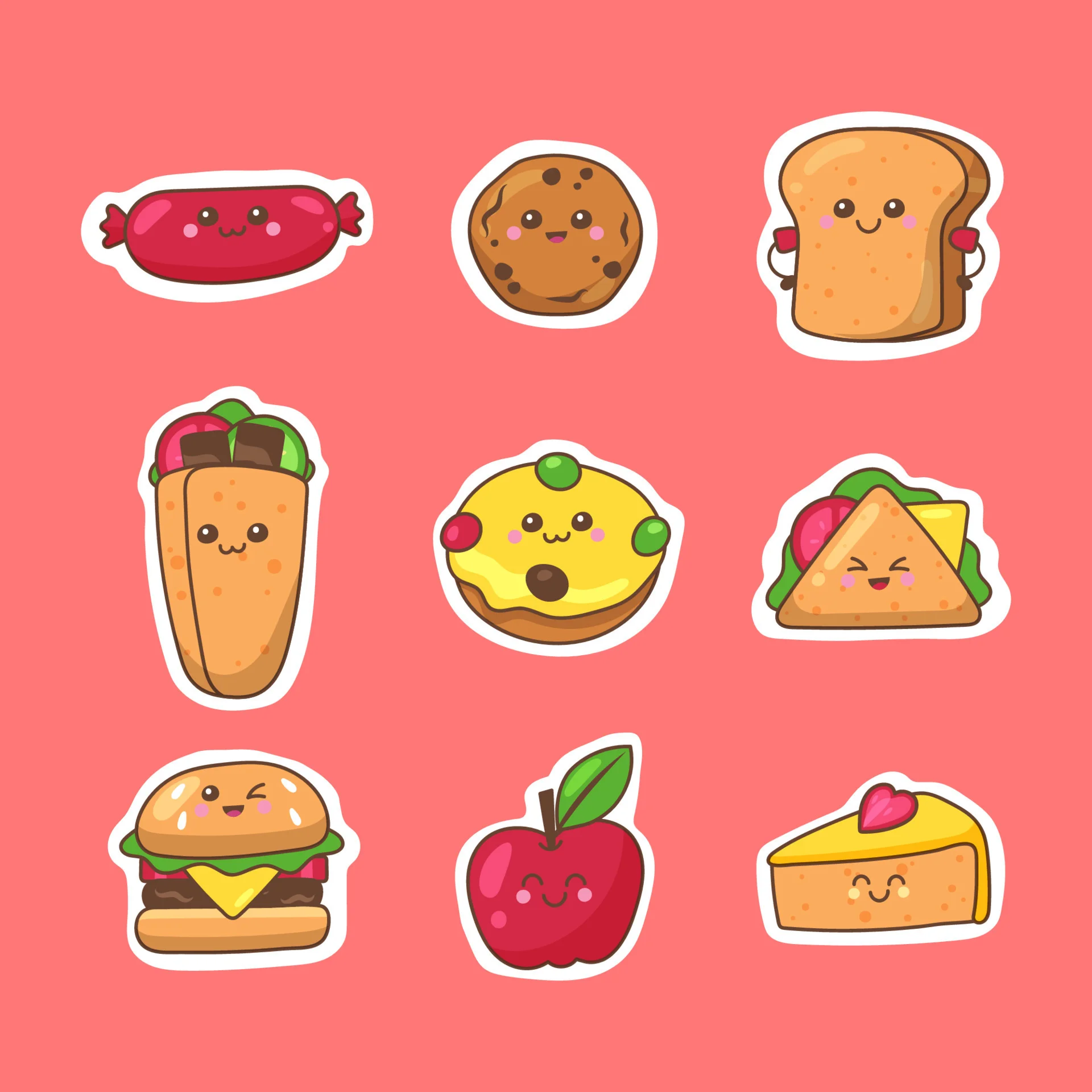 Sticker đồ ăn dễ thương gồm xúc xích, bánh quy, bánh mì, taco, burger, táo và bánh kem