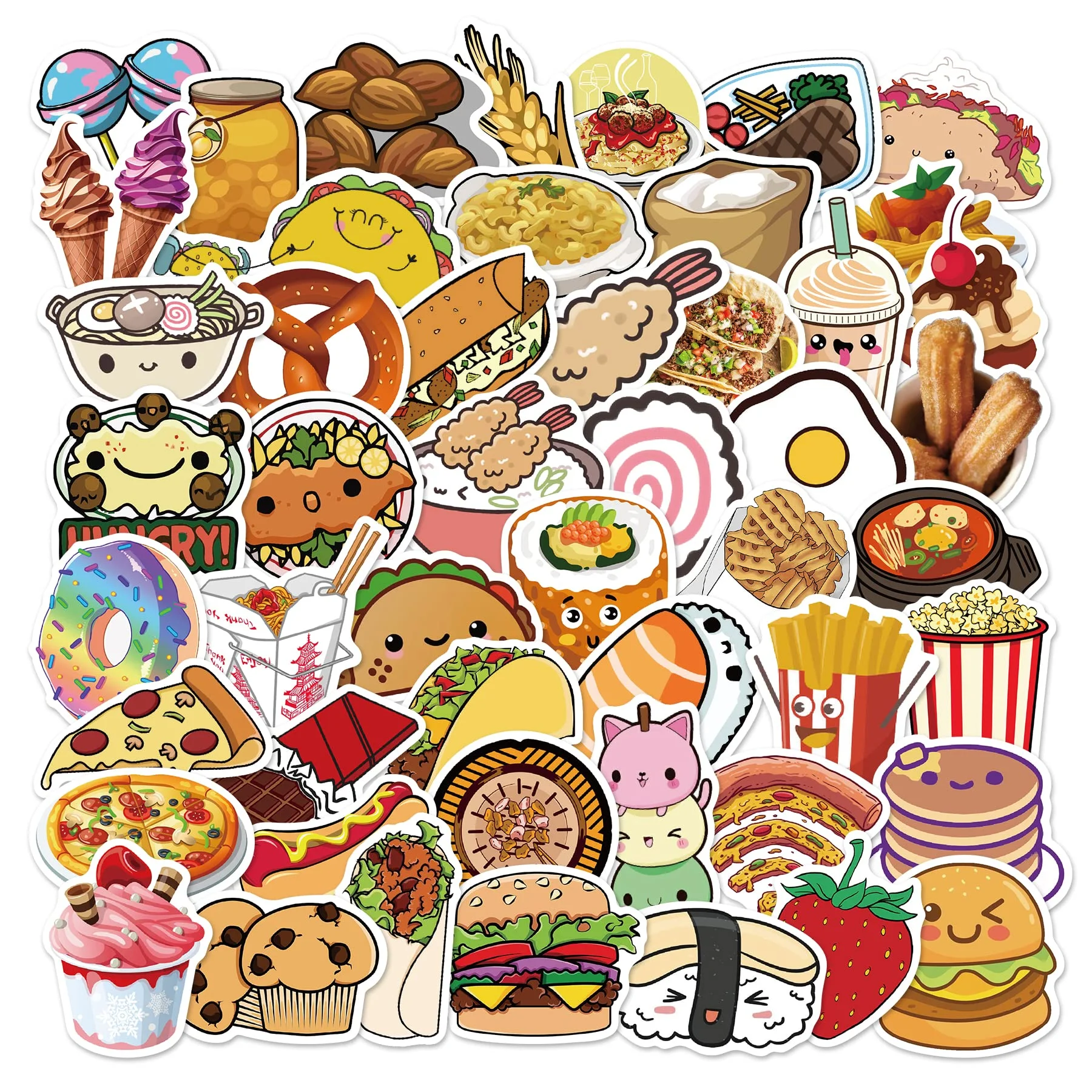 Hình ảnh cute với bộ sưu tập sticker đồ ăn kawaii nhiều màu sắc trên nền trắng