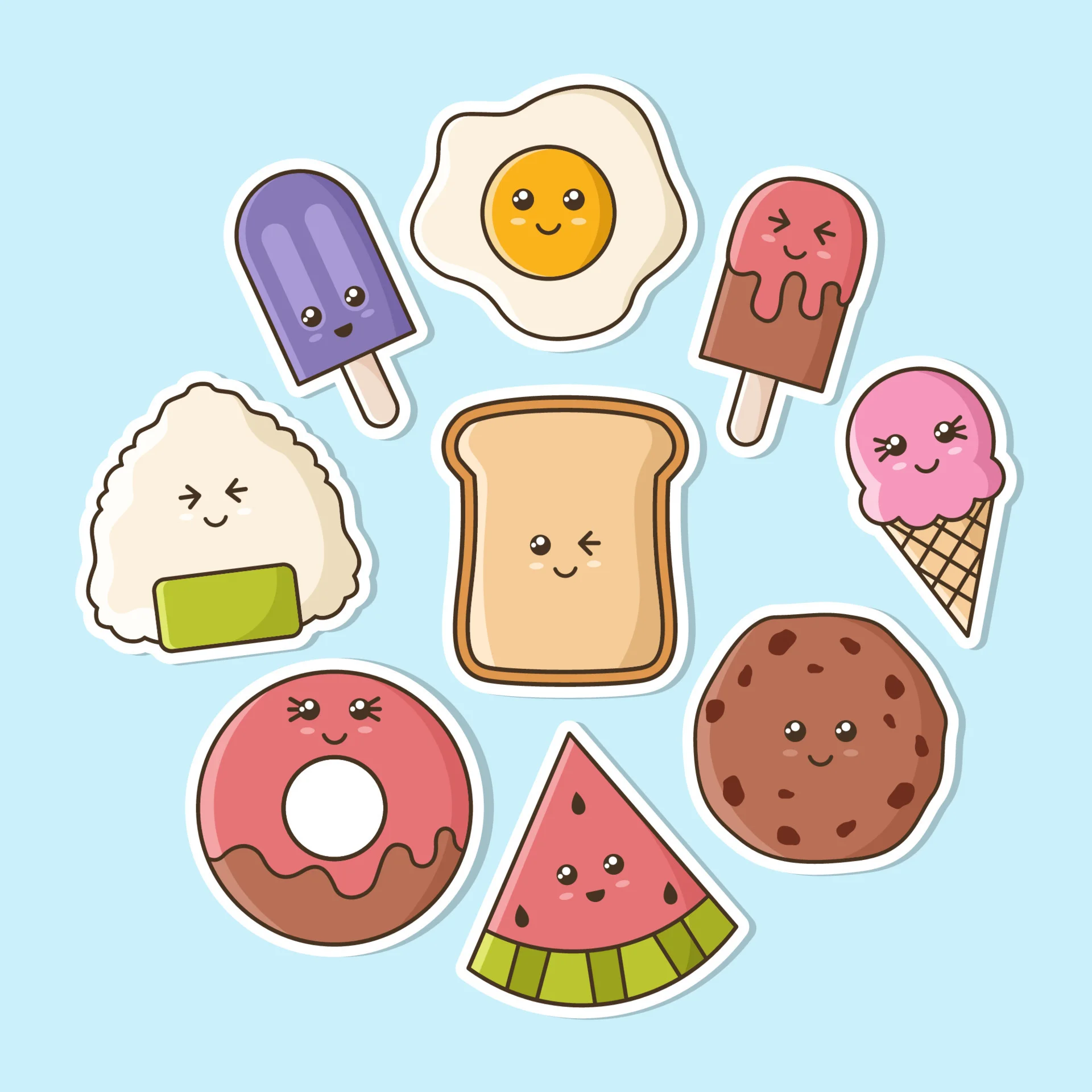 Bộ sticker món ăn dễ thương gồm kem que, trứng ốp la, bánh mì, donut và dưa hấu