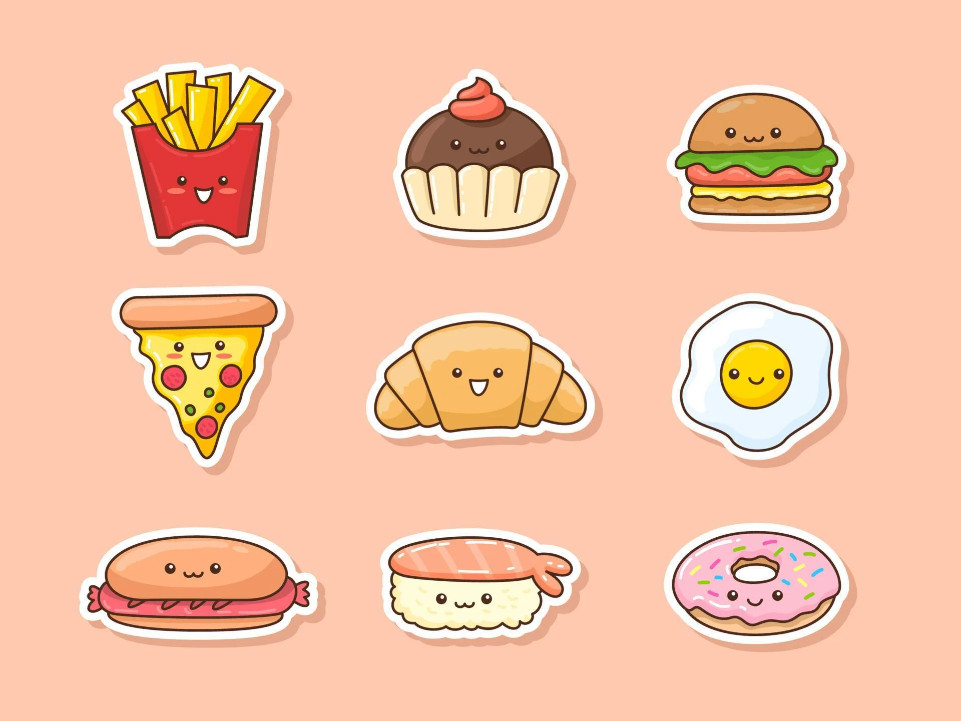 Sticker món ăn dễ thương gồm khoai tây chiên, cupcake, hamburger, pizza, bánh sừng bò và donut