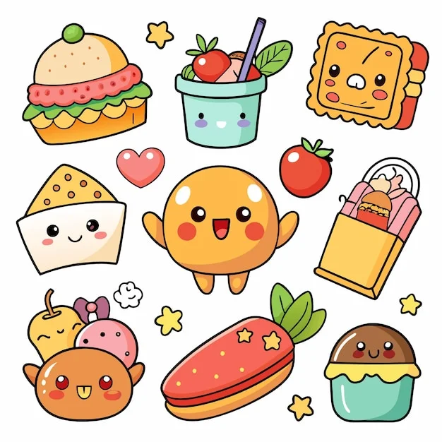 Hình ảnh cute với các nhân vật đồ ăn hoạt hình đáng yêu, nhiều màu sắc trên nền trắng