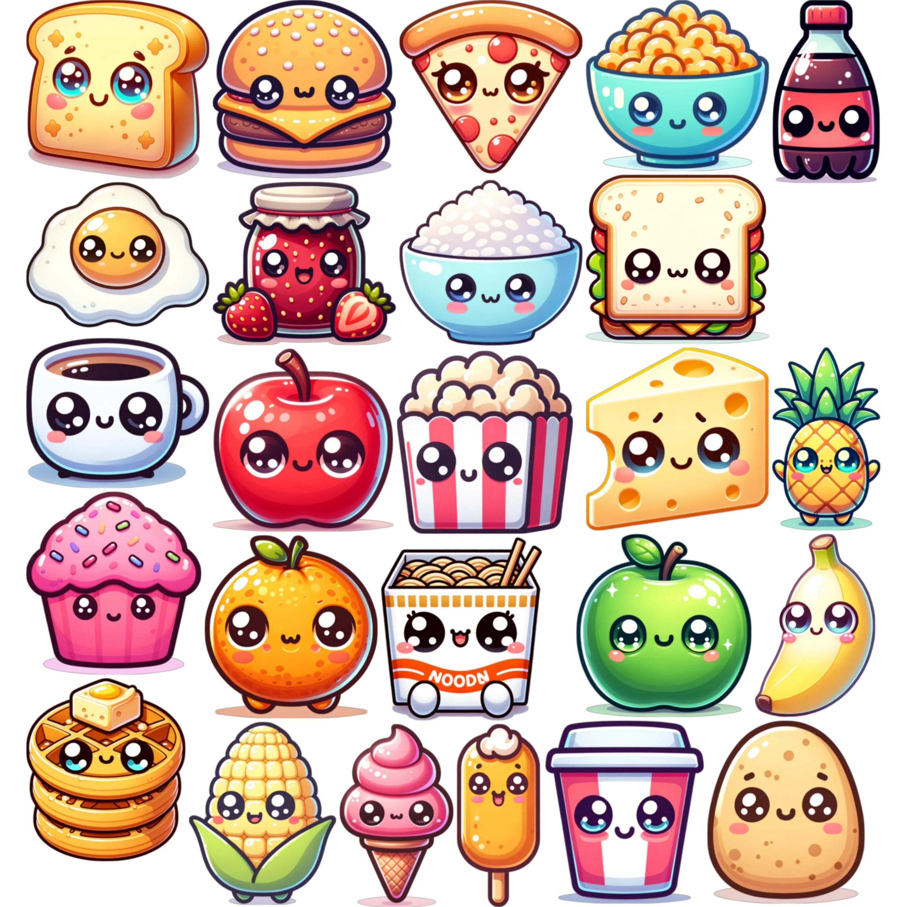 Hình ảnh cute với bộ sưu tập đồ ăn hoạt hình đáng yêu gồm bánh mì, pizza, hamburger, trái cây, kem và nhiều món ăn đầy màu sắc