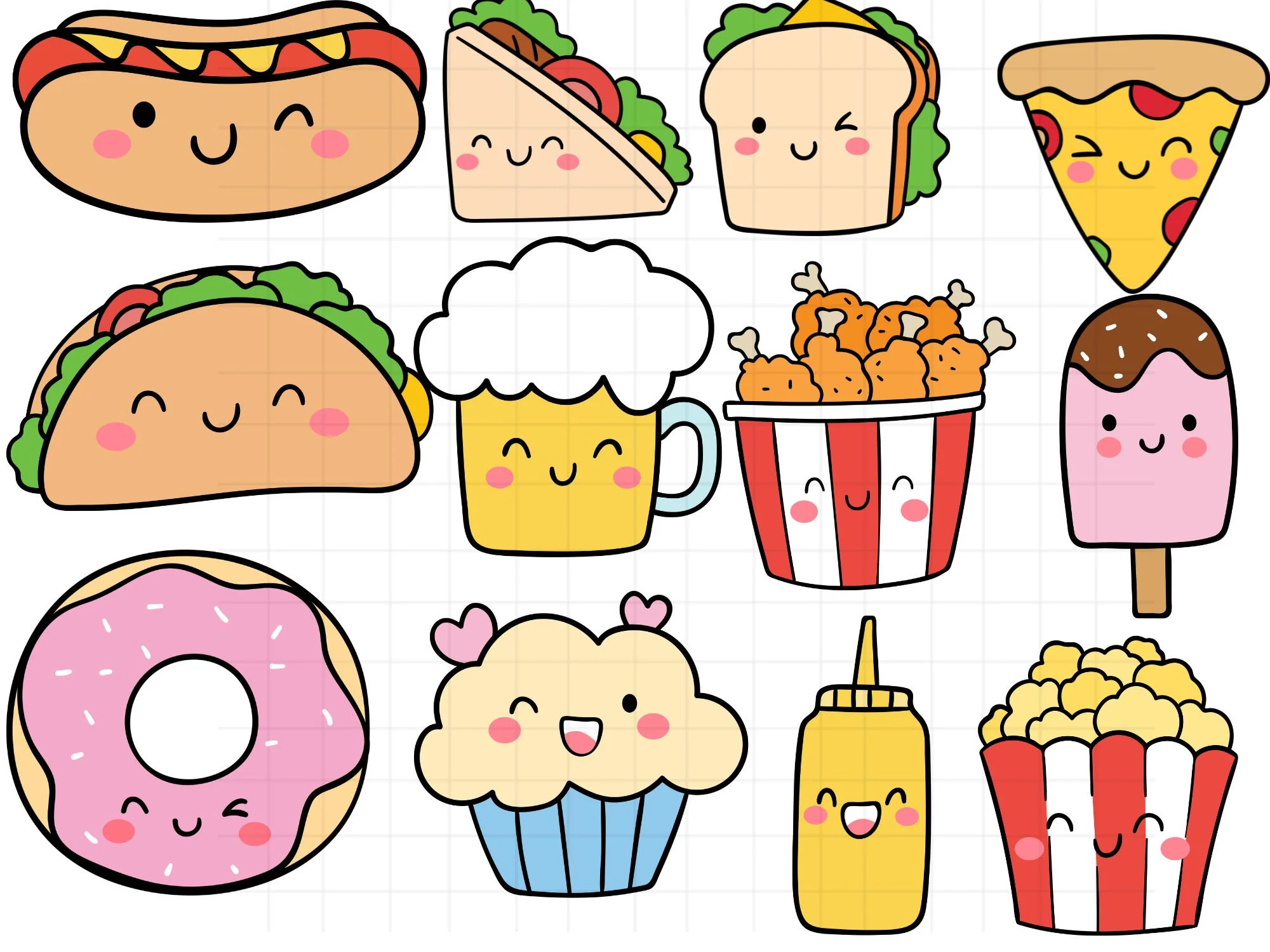 Hình ảnh cute gồm bộ sưu tập đồ ăn hoạt hình kawaii như xúc xích, pizza, taco, donut, kem que và bỏng ngô trên nền trắng kẻ ô