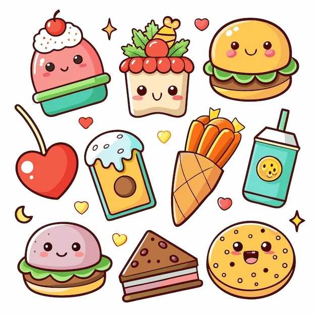 Bộ sticker đồ ăn dễ thương gồm bánh burger, kem, trái cây và bánh ngọt