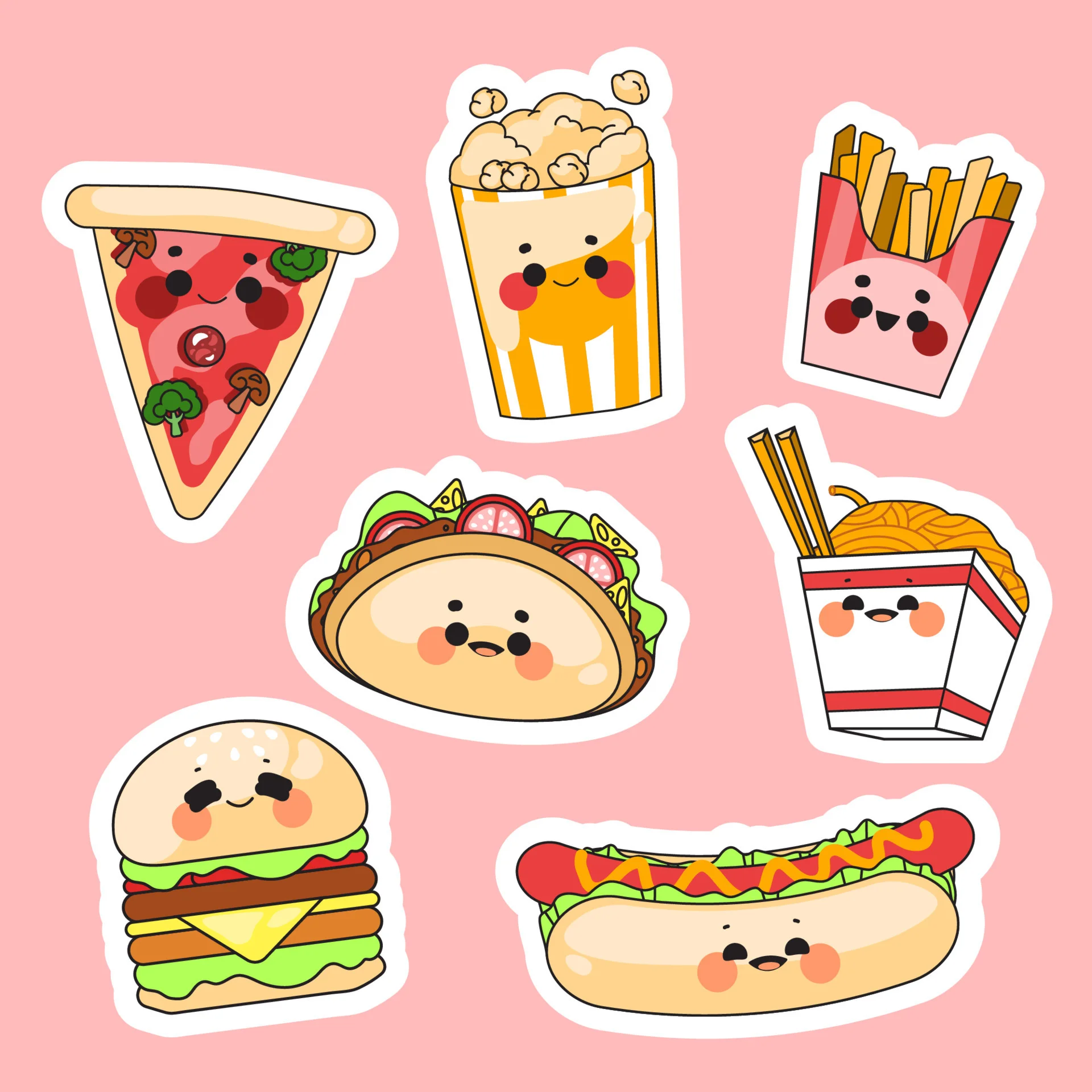 Bộ sticker đồ ăn dễ thương gồm pizza, bắp rang, khoai tây chiên, taco và xúc xích