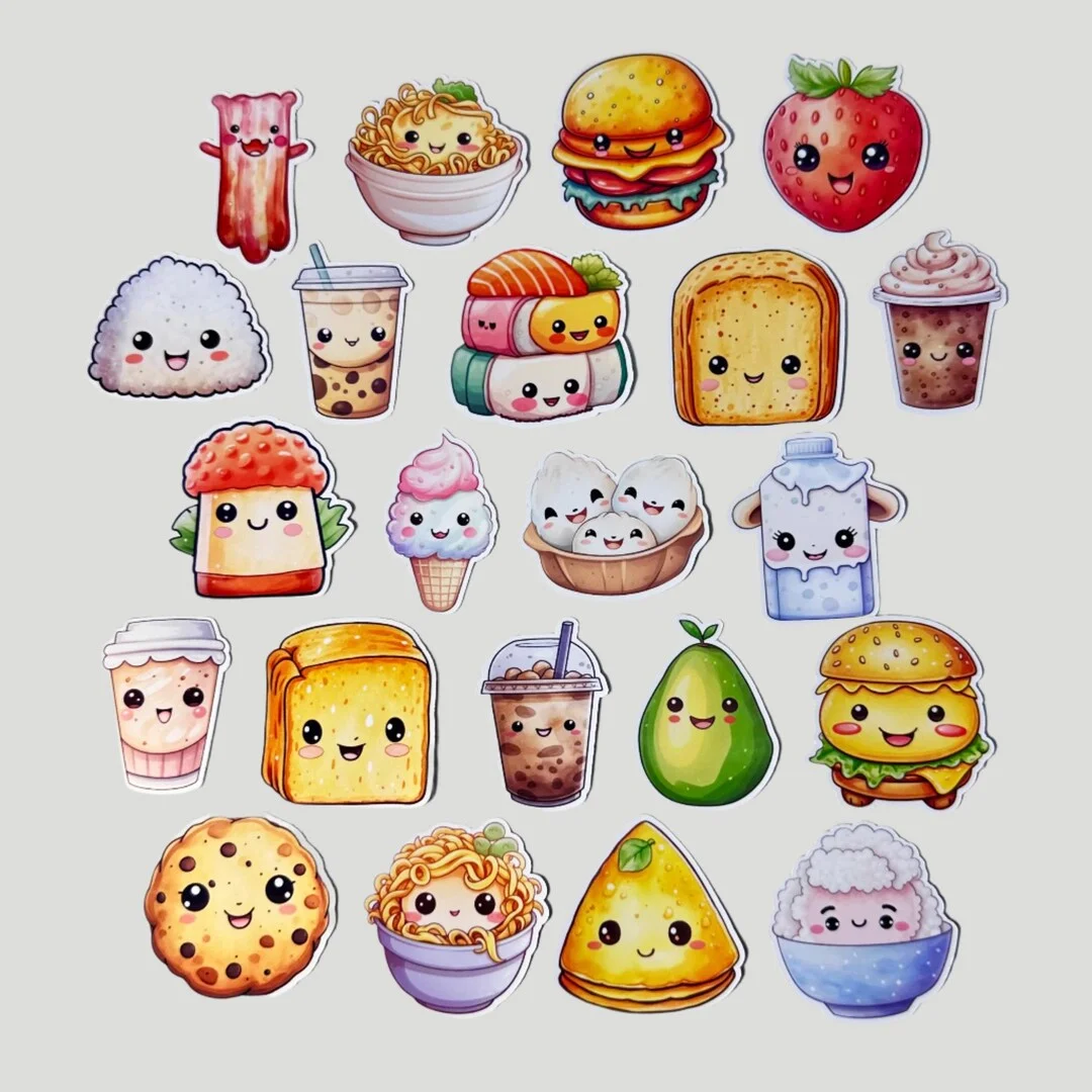 Hình ảnh cute gồm bộ sưu tập đồ ăn kawaii có khuôn mặt đáng yêu như hamburger, dâu tây, mì ramen, sushi, bánh mì và kem