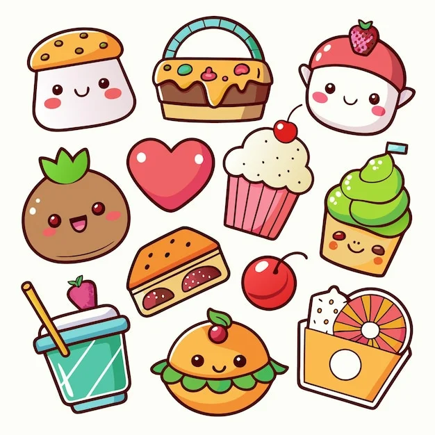 Hình ảnh cute với bộ sticker đồ ăn chibi đáng yêu gồm bánh mì, cupcake, kem, sinh tố, trái cây và thức uống trên nền trắng