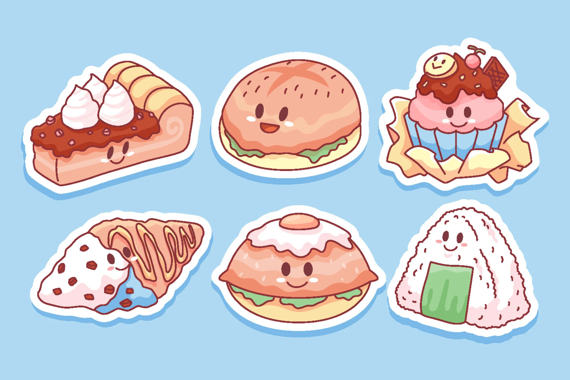 Bộ sticker bánh ngọt cute gồm bánh kem, bánh donut, bánh cuộn và bánh tart